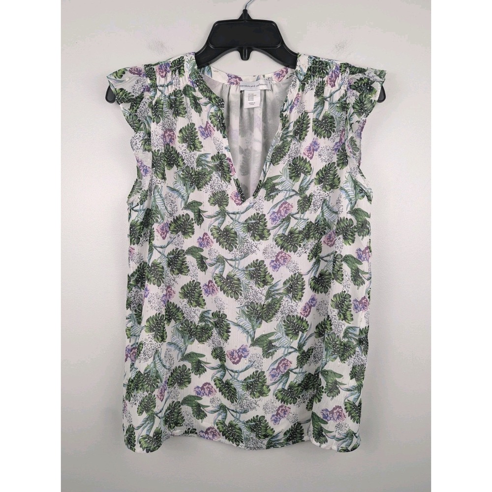 Cupcakes and Cashmere Womens Blouse XS Flutter Sleeve Roses Leaves Silver Lined